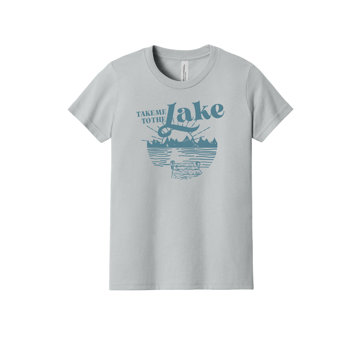 Take Me to the Lake design on Heather Athletic Gray youth T-Shirt, front view.