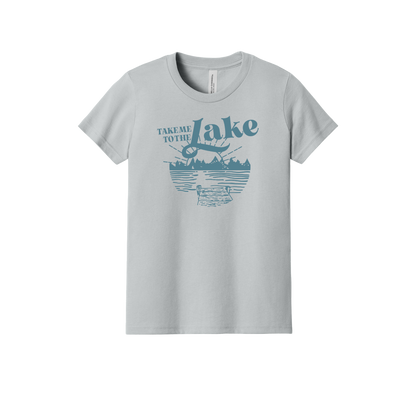 Take Me to the Lake design on Heather Athletic Gray youth T-Shirt, front view.