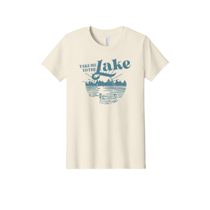Take Me to the Lake design on Natural youth T-Shirt, front view.