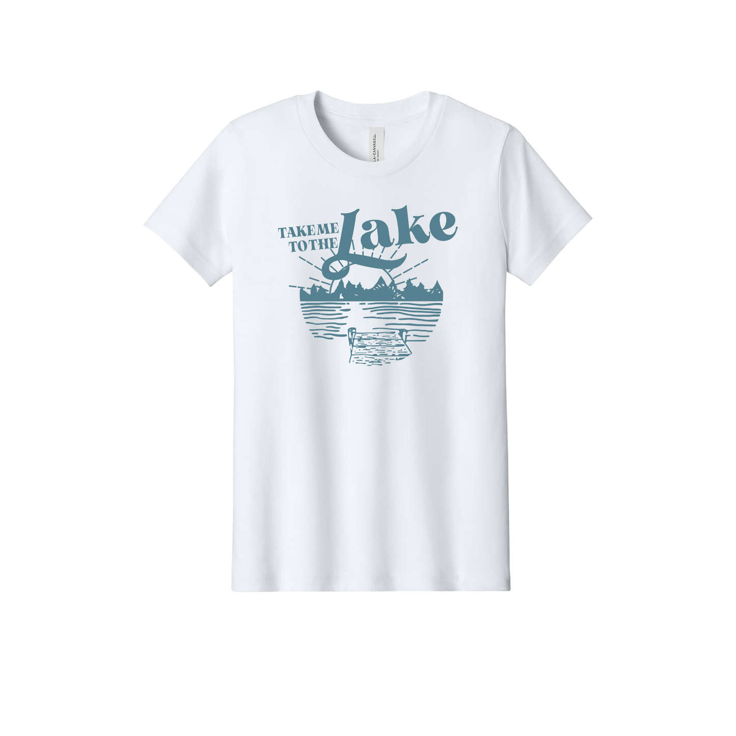 Take Me to the Lake design on White youth T-Shirt, front view.