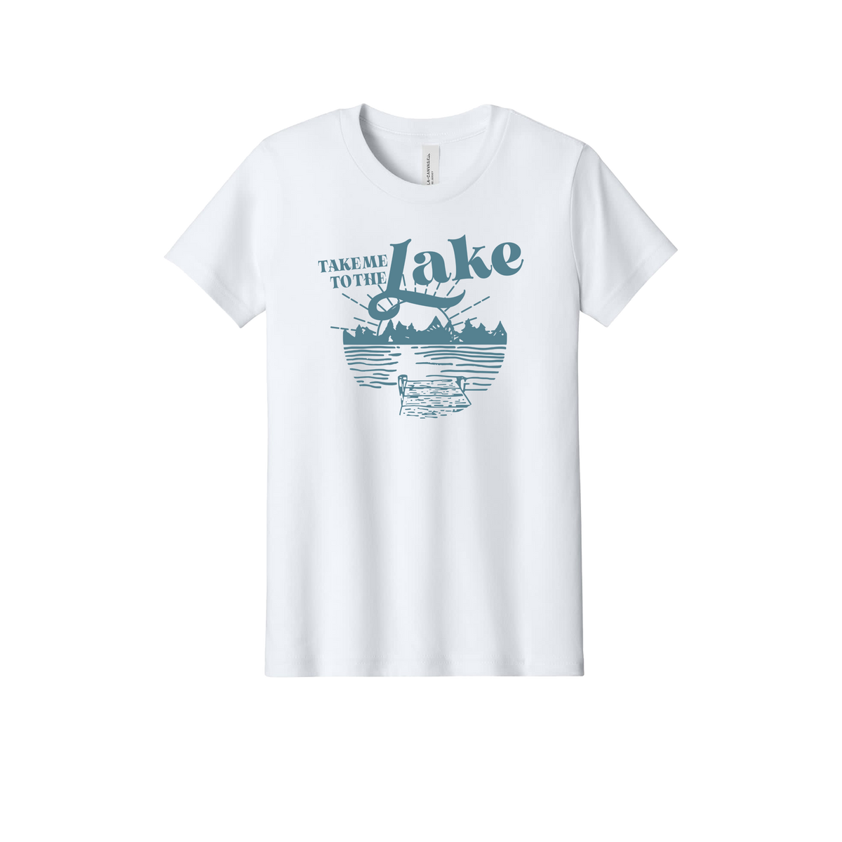 Take Me to the Lake design on White youth T-Shirt, front view.