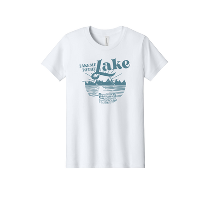 Take Me to the Lake design on White youth T-Shirt, front view.
