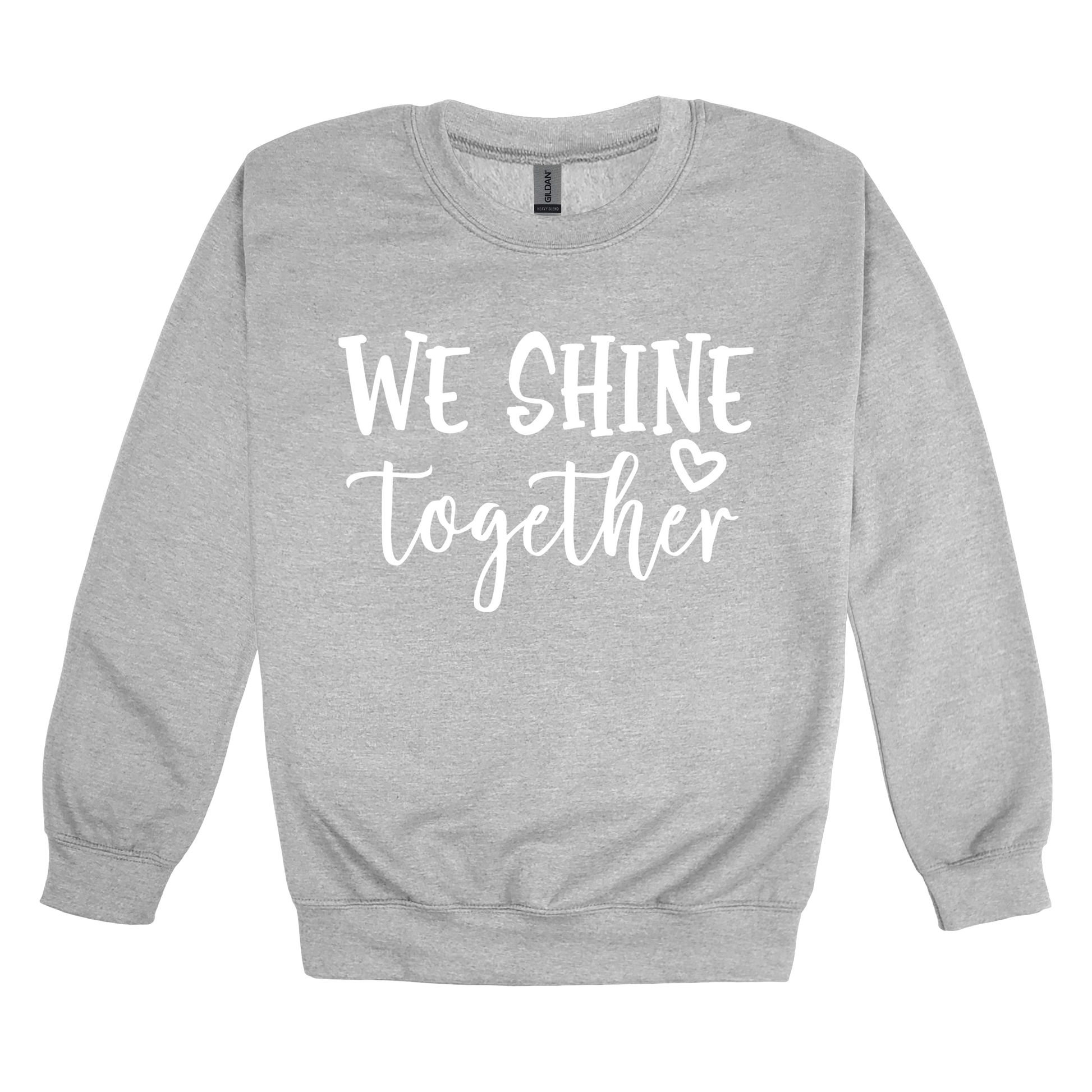 We Shine Together design on Sport Gray adult Crewneck, front view.
