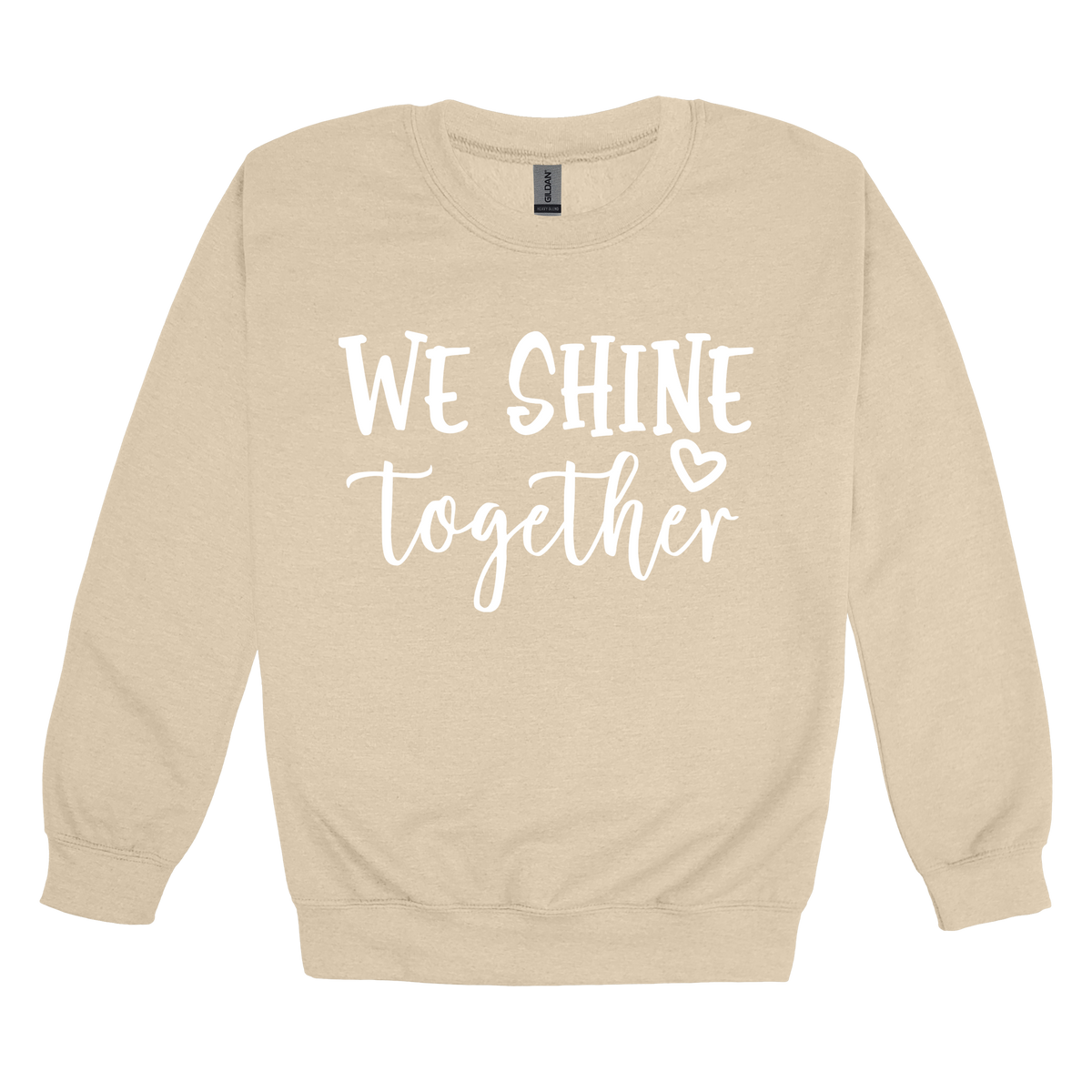 We Shine Together design on Sand adult Crewneck, front view.