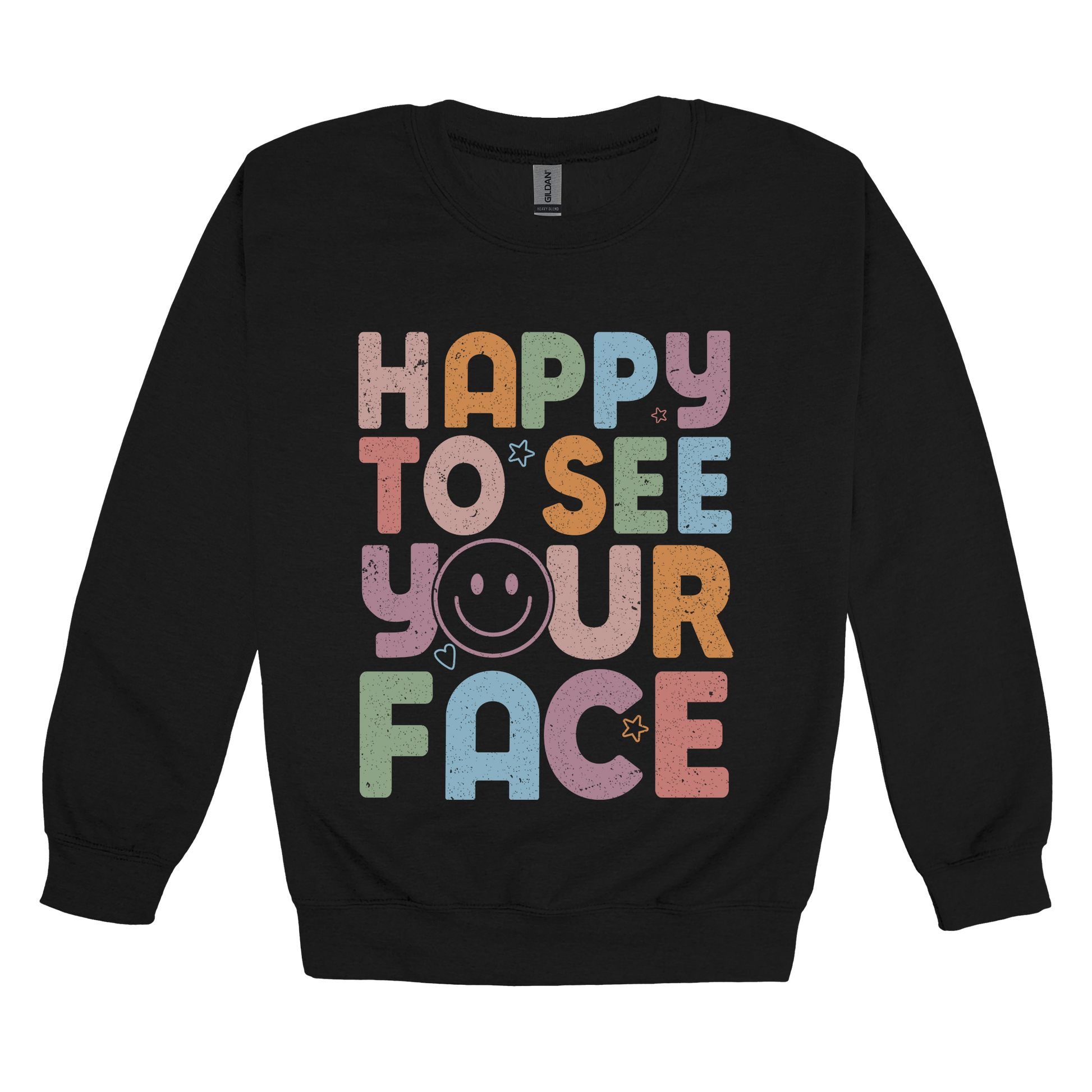 Happy to See Your Face teacher design on Black adult Crewneck, front view.