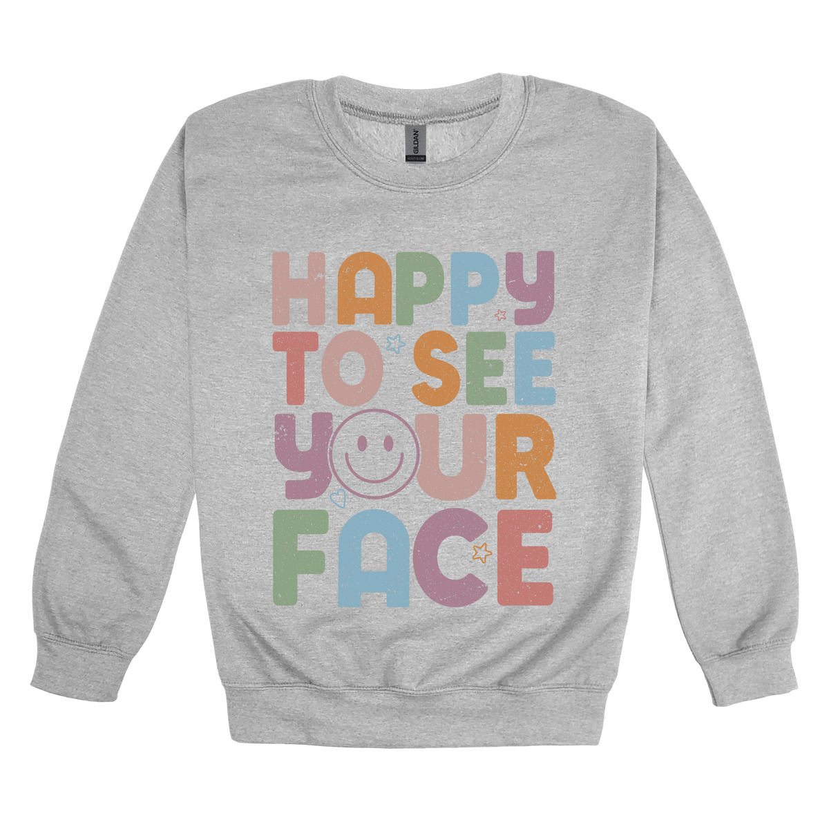 Happy to See Your Face teacher design on Sport Gray adult Crewneck, front view.