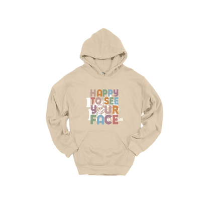 Happy to See Your Face teacher design on Sand adult Hoodie, front view.