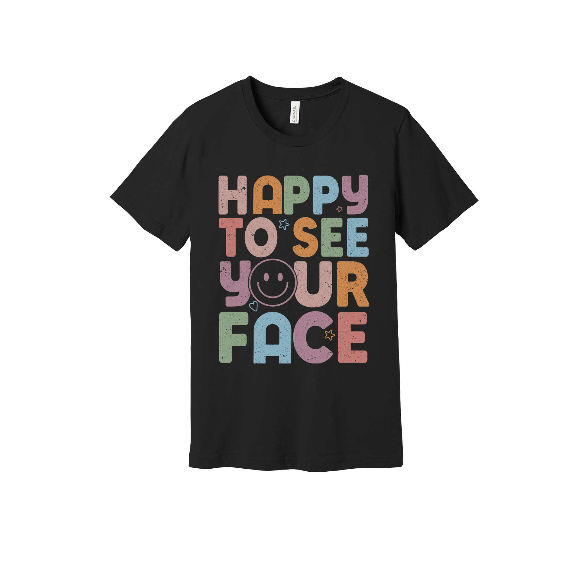 Happy to See Your Face teacher design on Black adult T-Shirt, front view.