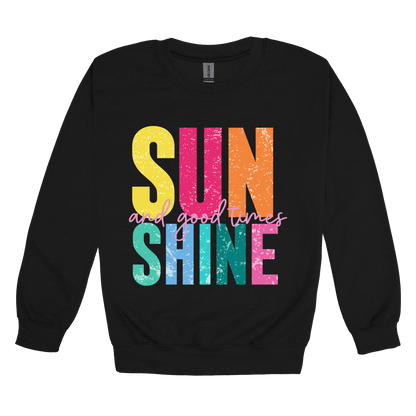 Sunshine & Good Times design on Black adult Crewneck, front view.