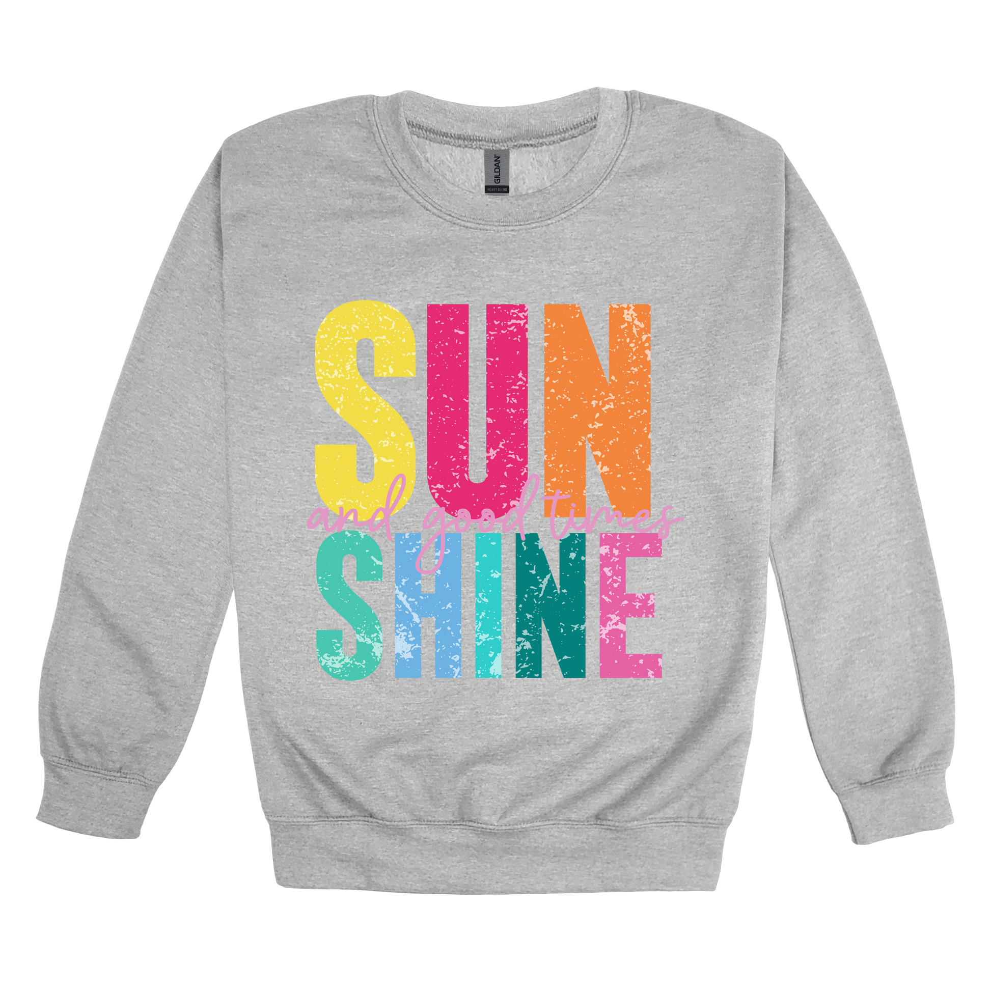 Sunshine & Good Times design on Sport Gray adult Crewneck, front view.