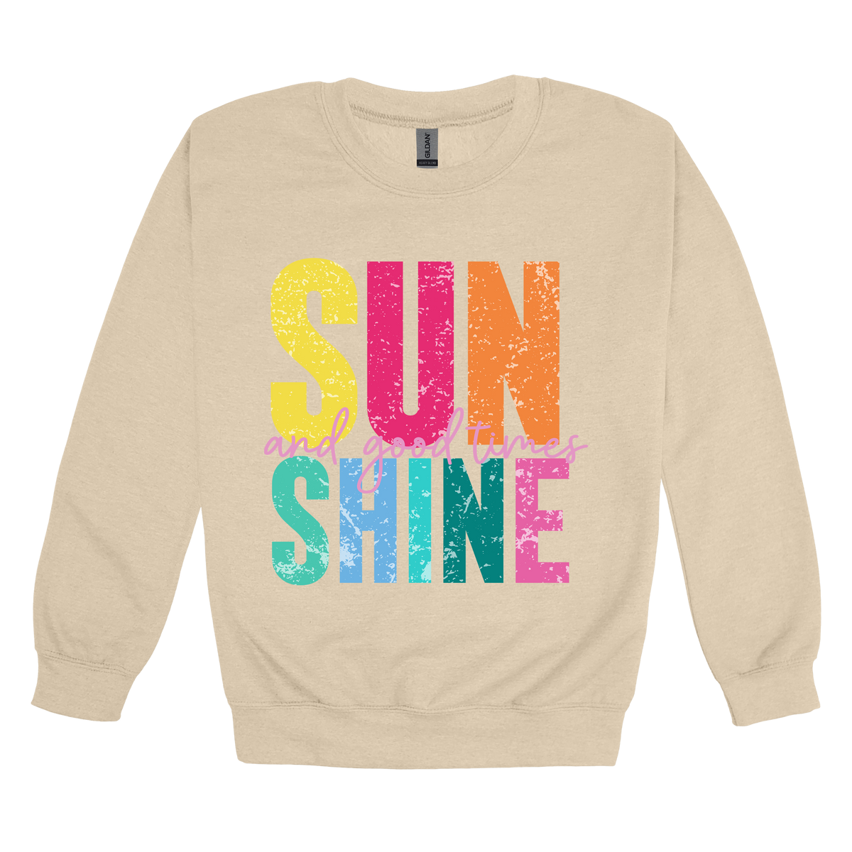 Sunshine & Good Times design on Sand adult Crewneck, front view.