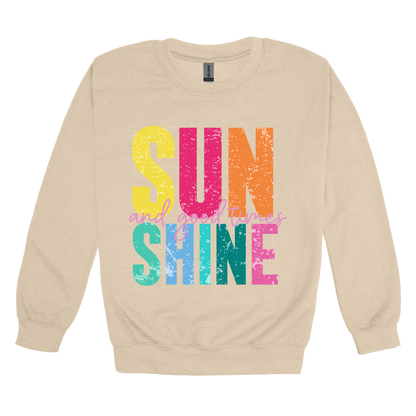 Sunshine & Good Times design on Sand adult Crewneck, front view.