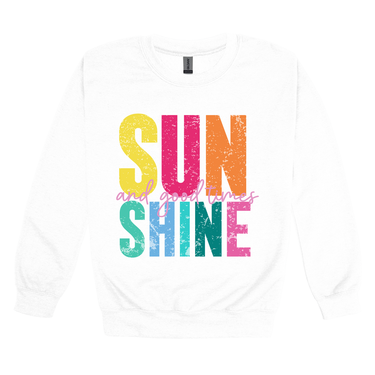 Sunshine & Good Times design on White adult Crewneck, front view.