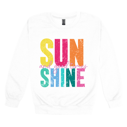 Sunshine & Good Times design on White adult Crewneck, front view.