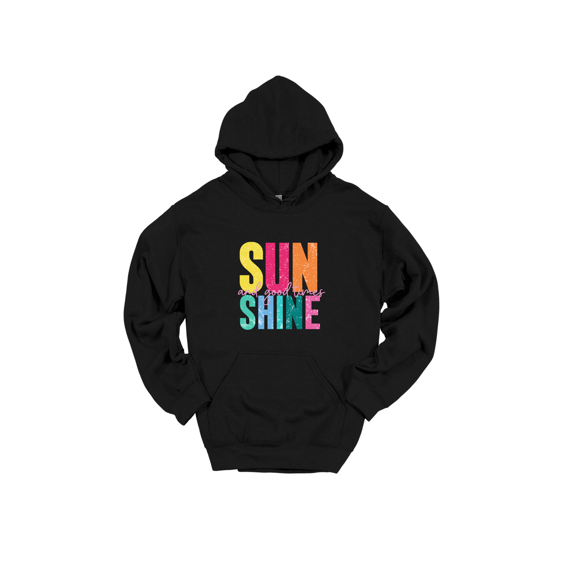 Sunshine & Good Times design on Black adult Hoodie, front view.