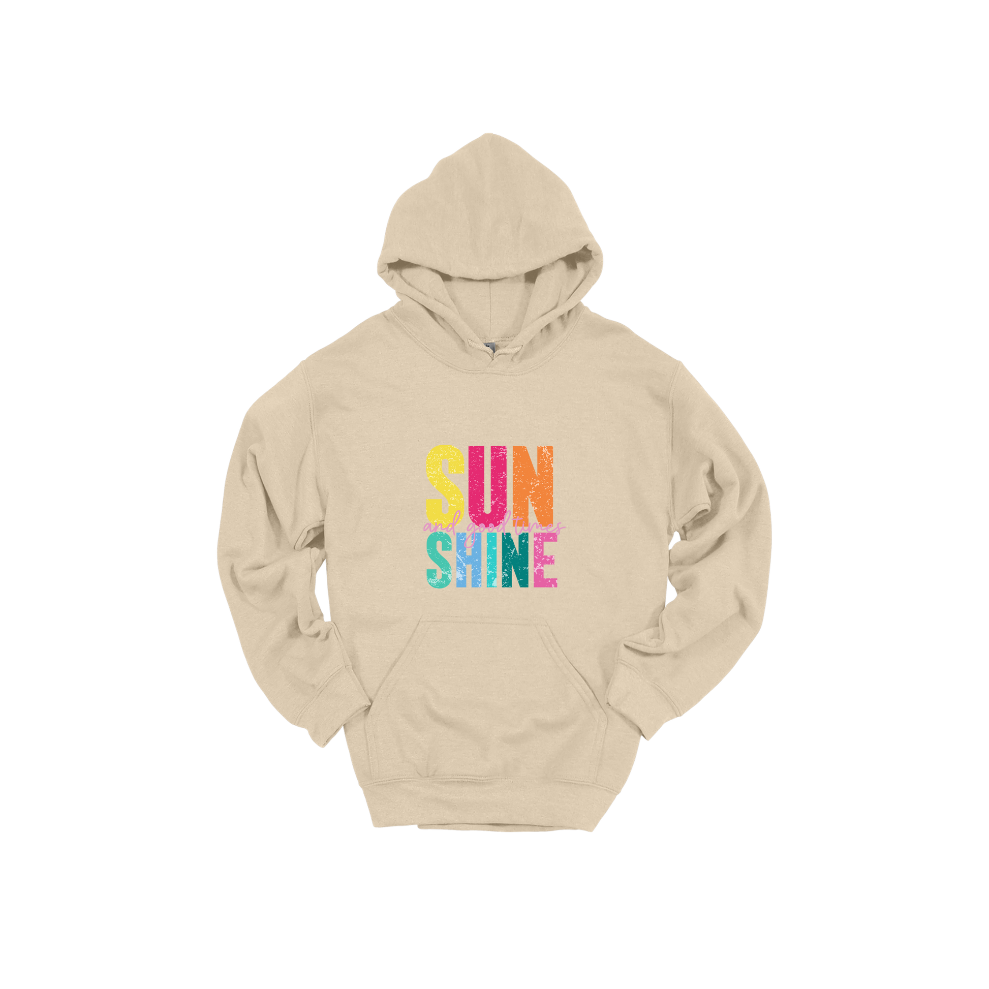 Sunshine & Good Times design on Sand adult Hoodie, front view.