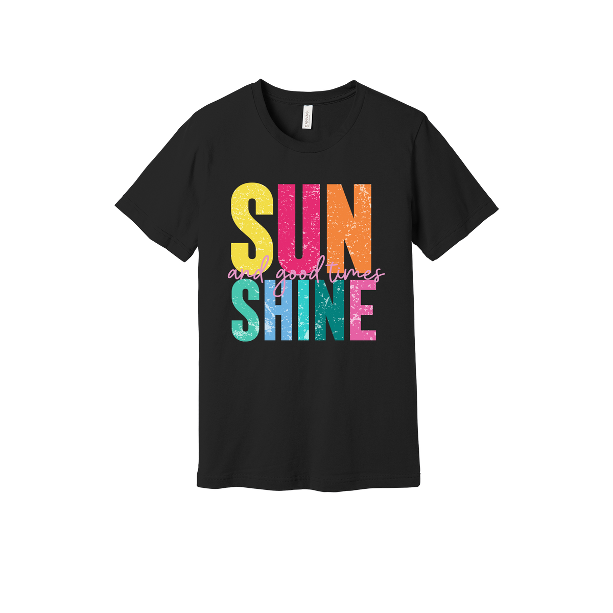 Sunshine & Good Times design on Black adult T-Shirt, front view.