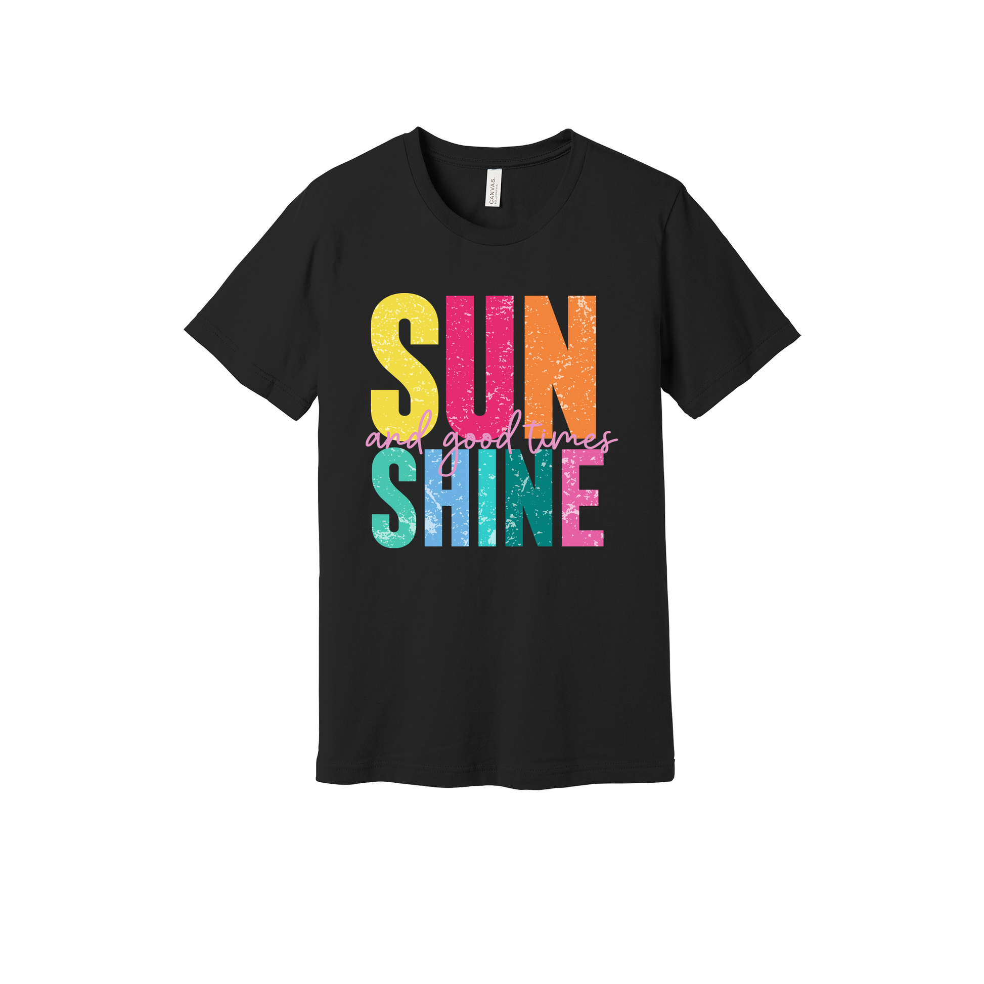 Sunshine & Good Times design on Black adult T-Shirt, front view.
