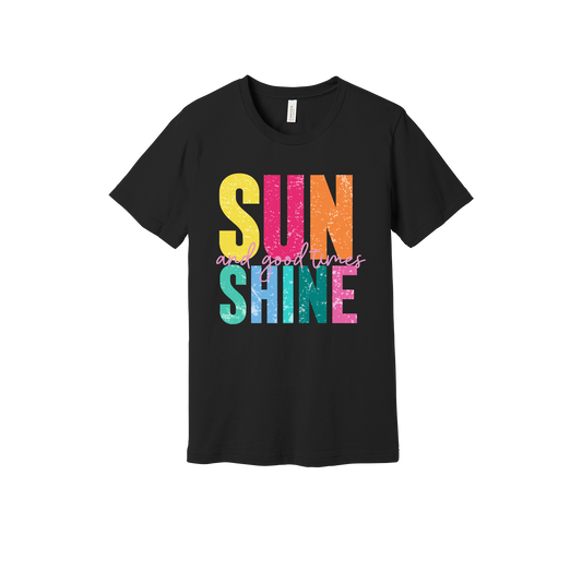 Sunshine & Good Times design on Black adult T-Shirt, front view.