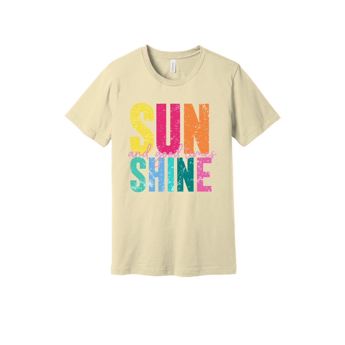 Sunshine & Good Times design on Natural adult T-Shirt, front view.