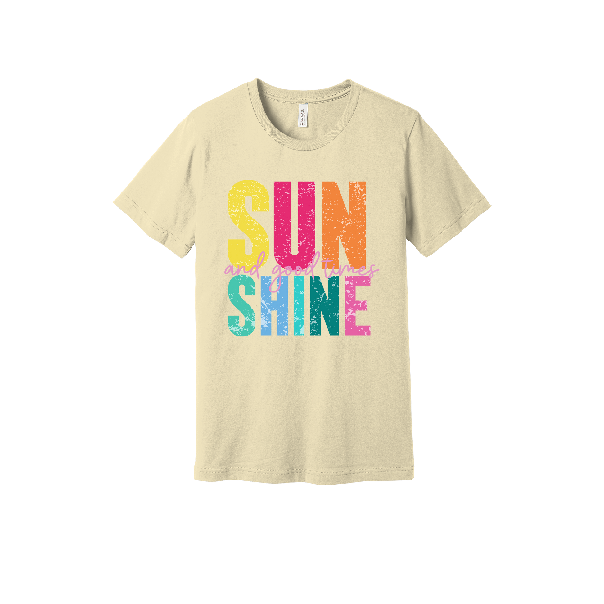 Sunshine & Good Times design on Natural adult T-Shirt, front view.