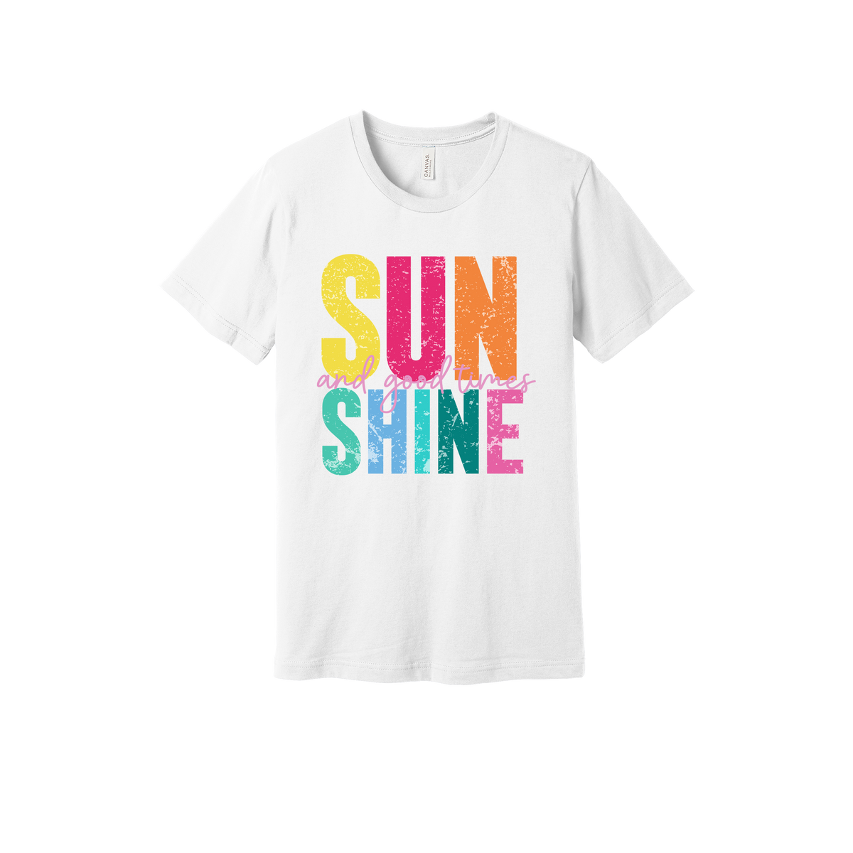 Sunshine & Good Times design on White adult T-Shirt, front view.