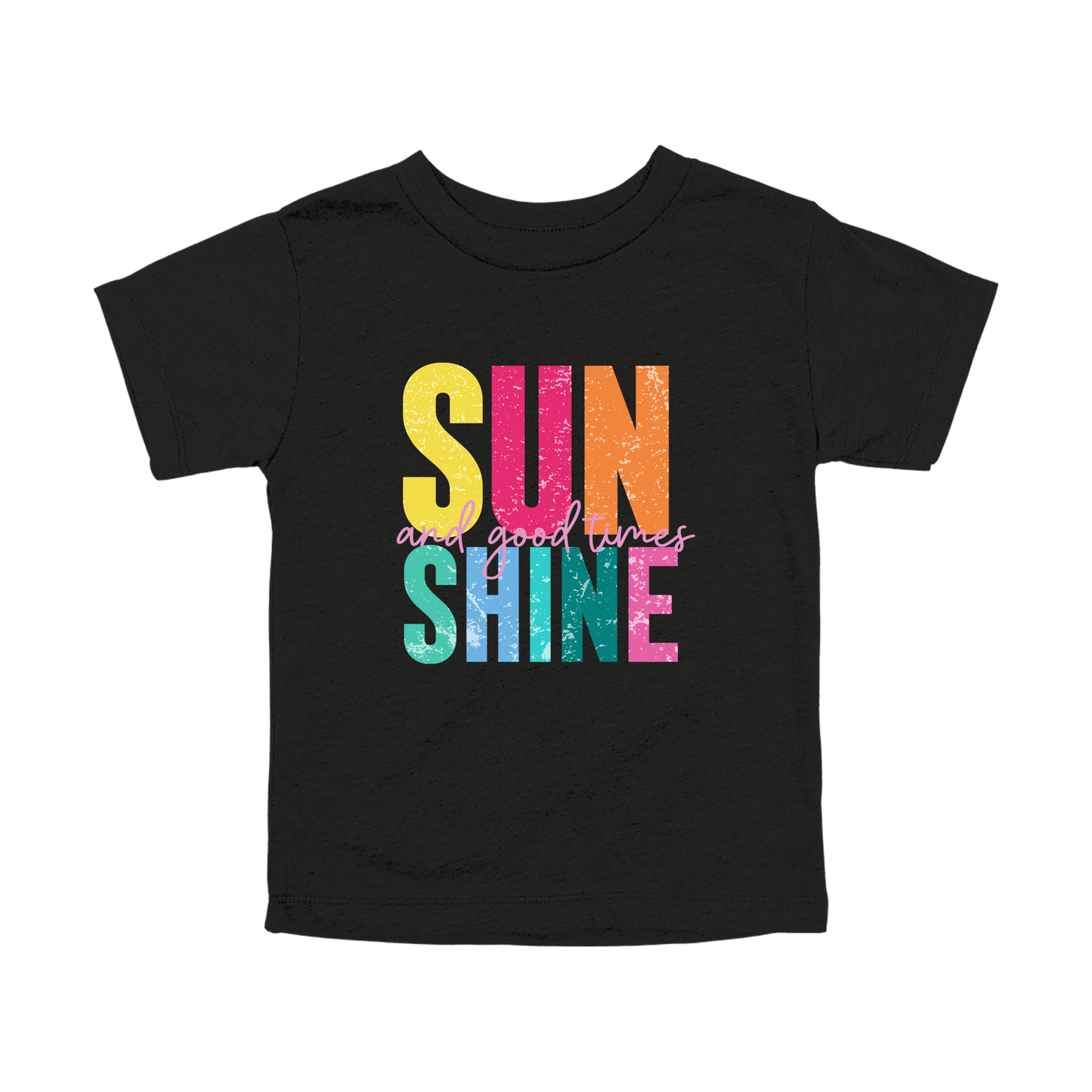 Sunshine & Good Times design on Black toddler T-Shirt, front view.