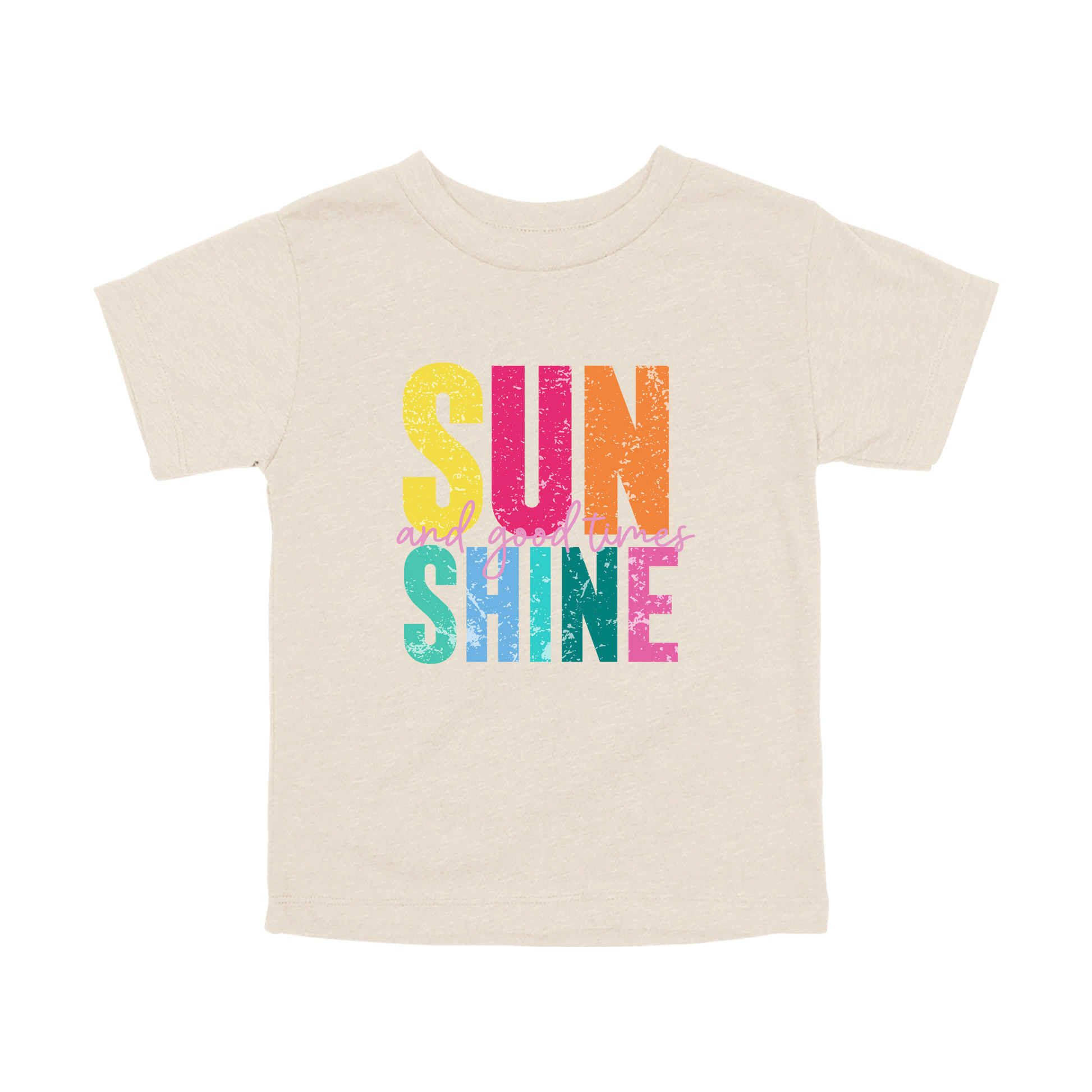 Sunshine & Good Times design on Natural toddler T-Shirt, front view.