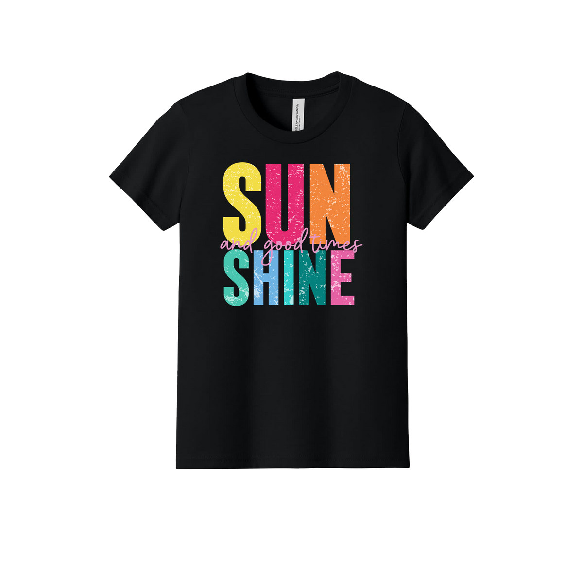 Sunshine & Good Times design on Black youth T-Shirt, front view.