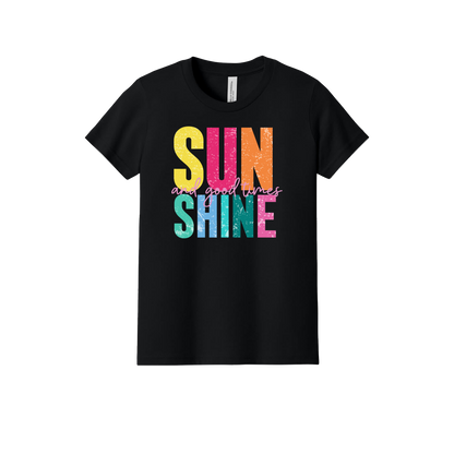 Sunshine & Good Times design on Black youth T-Shirt, front view.