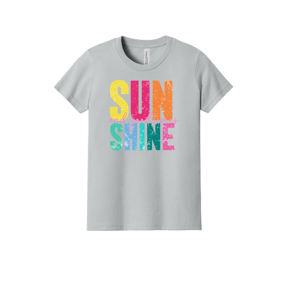 Sunshine & Good Times design on Heather Athletic Gray youth T-Shirt, front view.