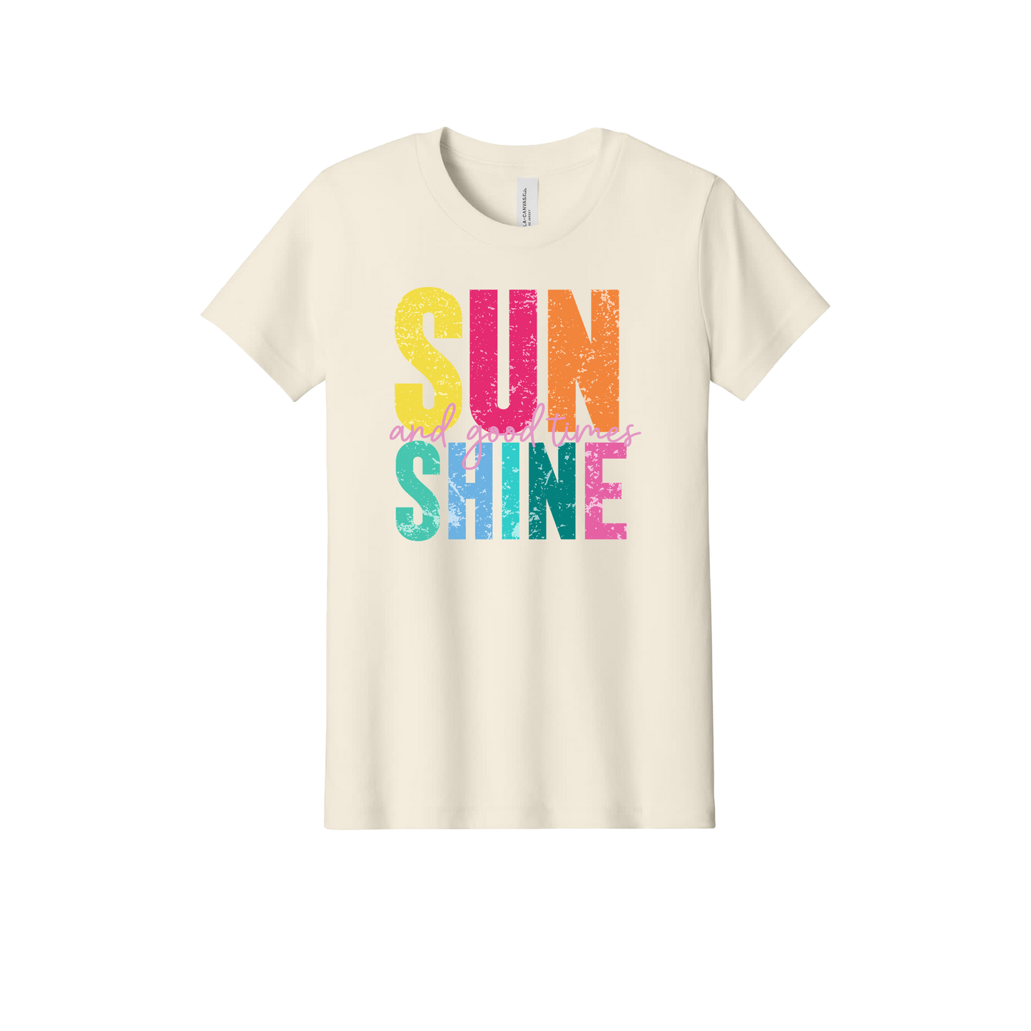 Sunshine & Good Times design on Natural youth T-Shirt, front view.