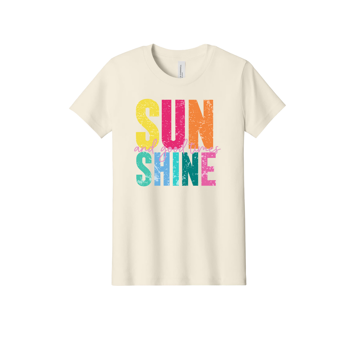 Sunshine & Good Times design on Natural youth T-Shirt, front view.