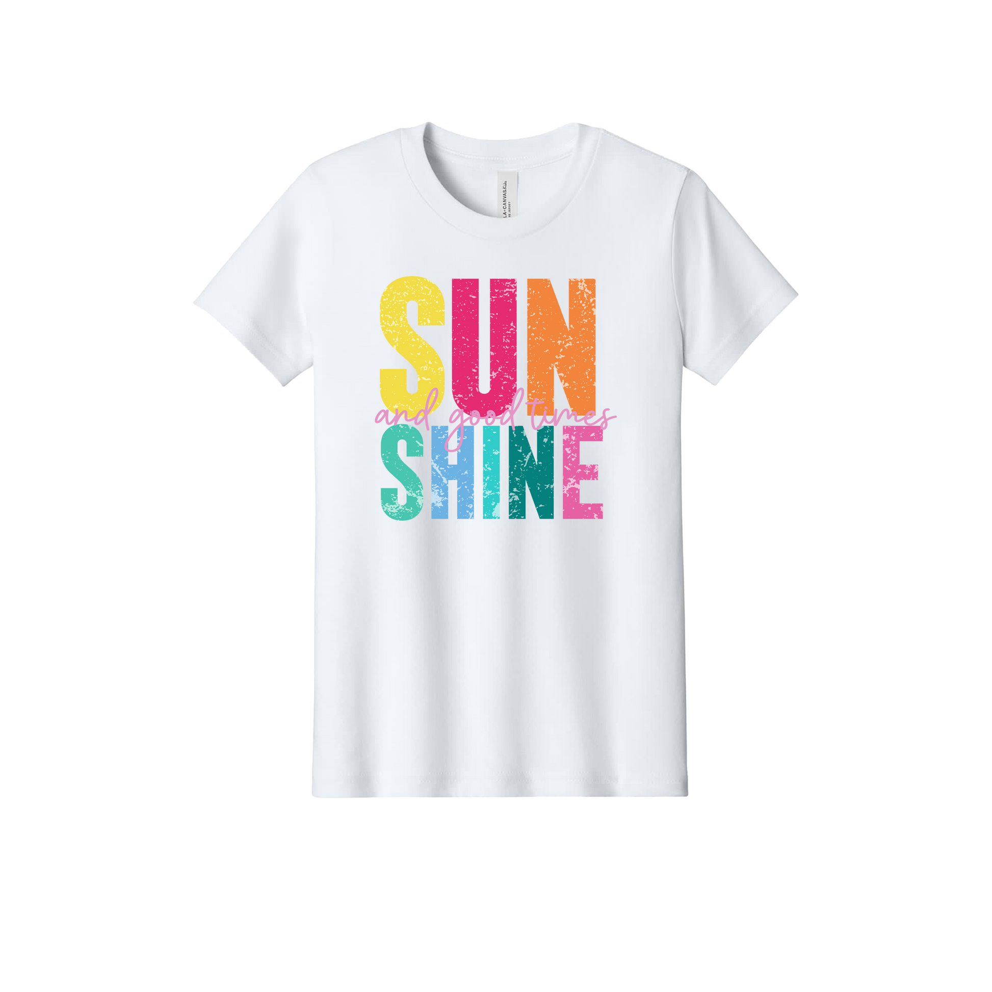 Sunshine & Good Times design on White youth T-Shirt, front view.