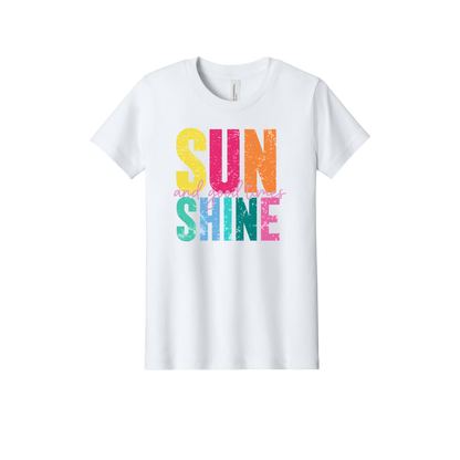 Sunshine & Good Times design on White youth T-Shirt, front view.