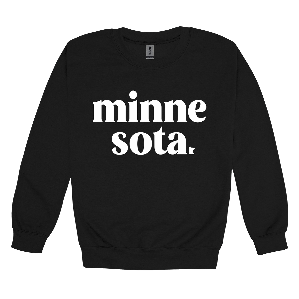 MN design on Black adult Crewneck, front view.
