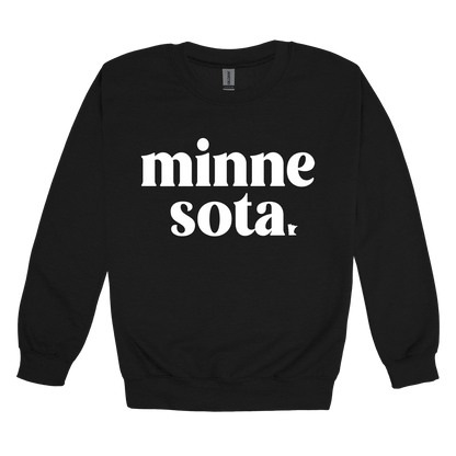 MN design on Black adult Crewneck, front view.