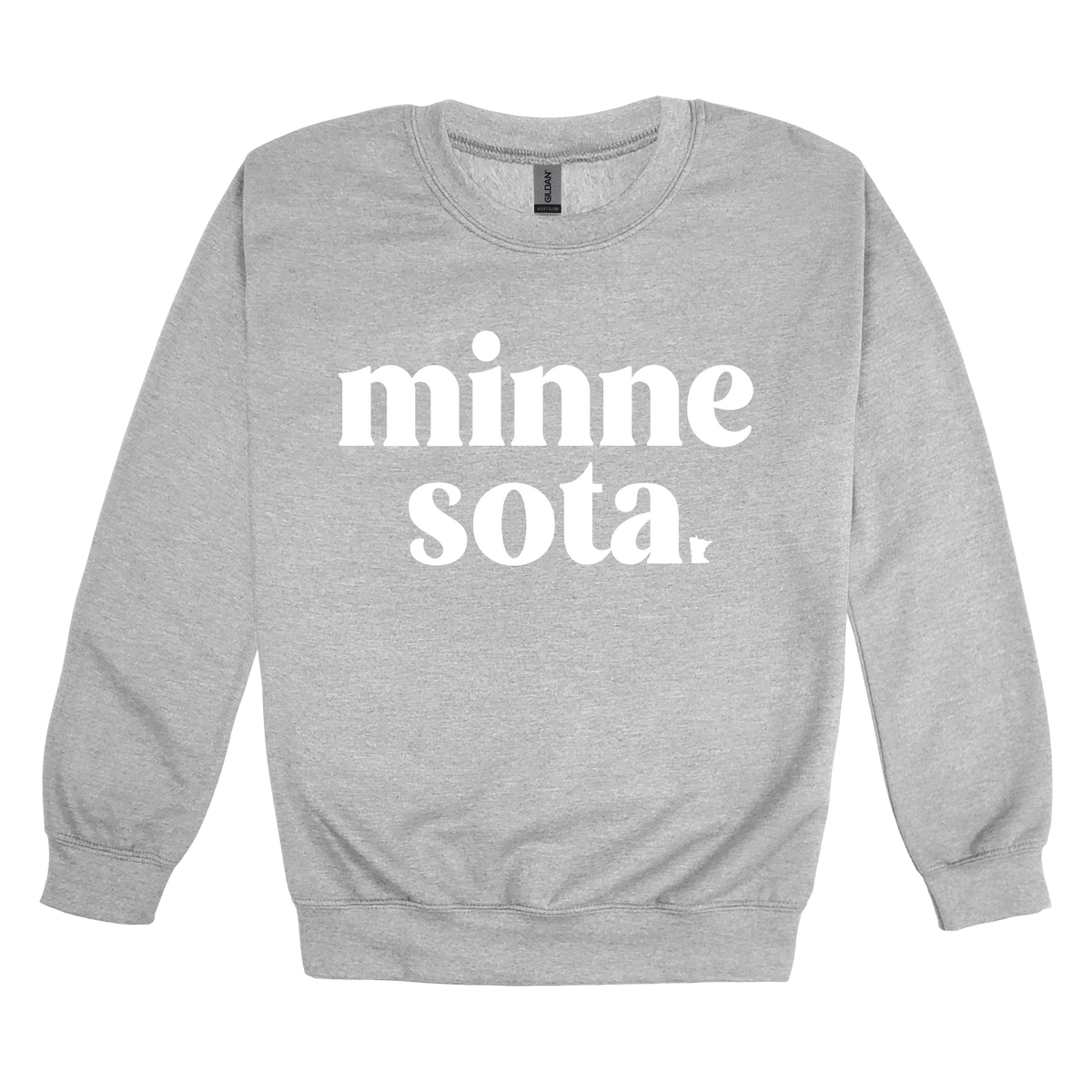 MN design on Sport Gray adult Crewneck, front view.