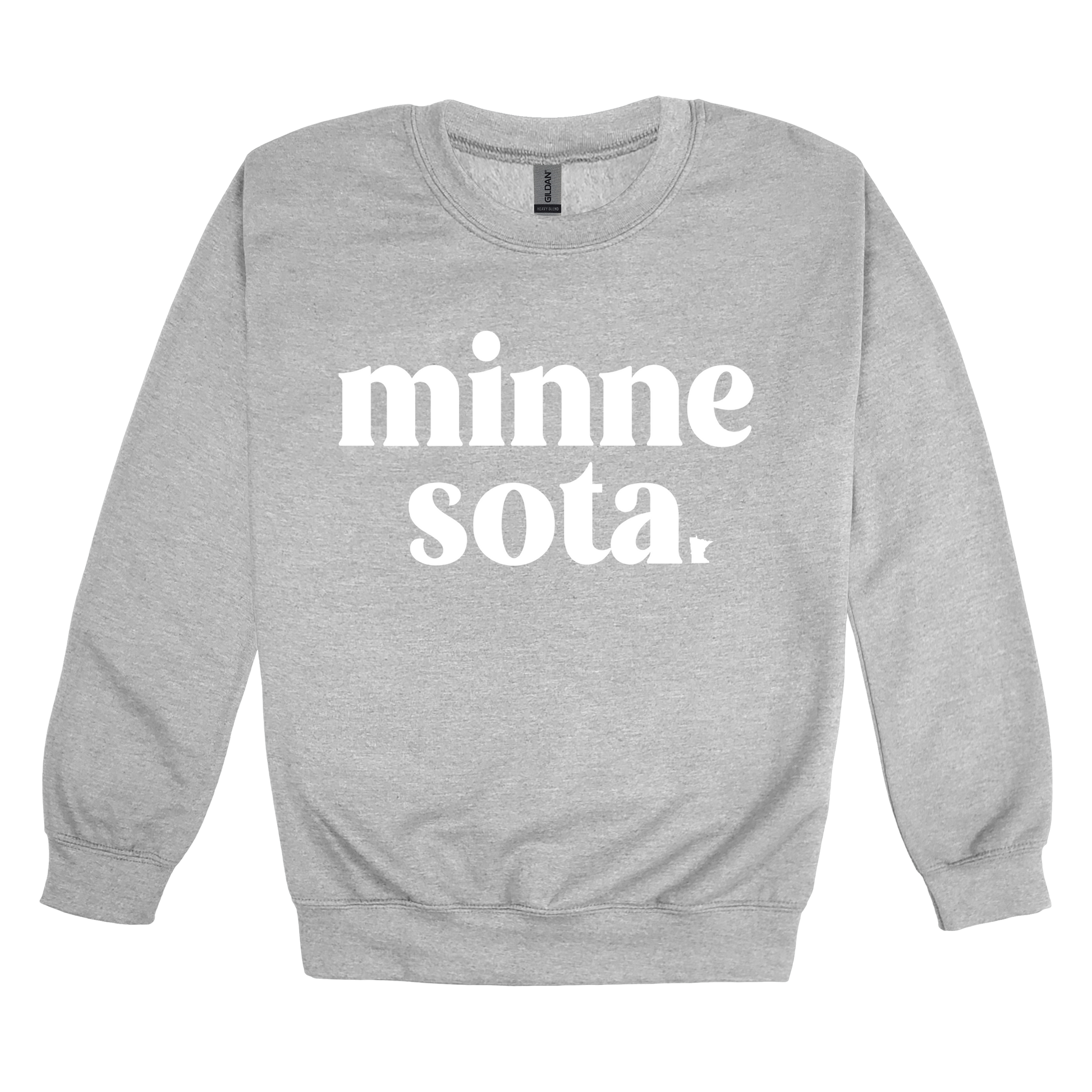 MN design on Sport Gray adult Crewneck, front view.