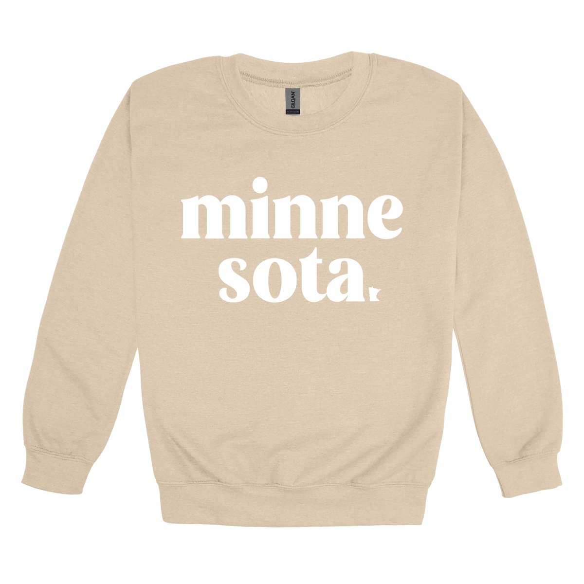 MN design on Sand adult Crewneck, front view.