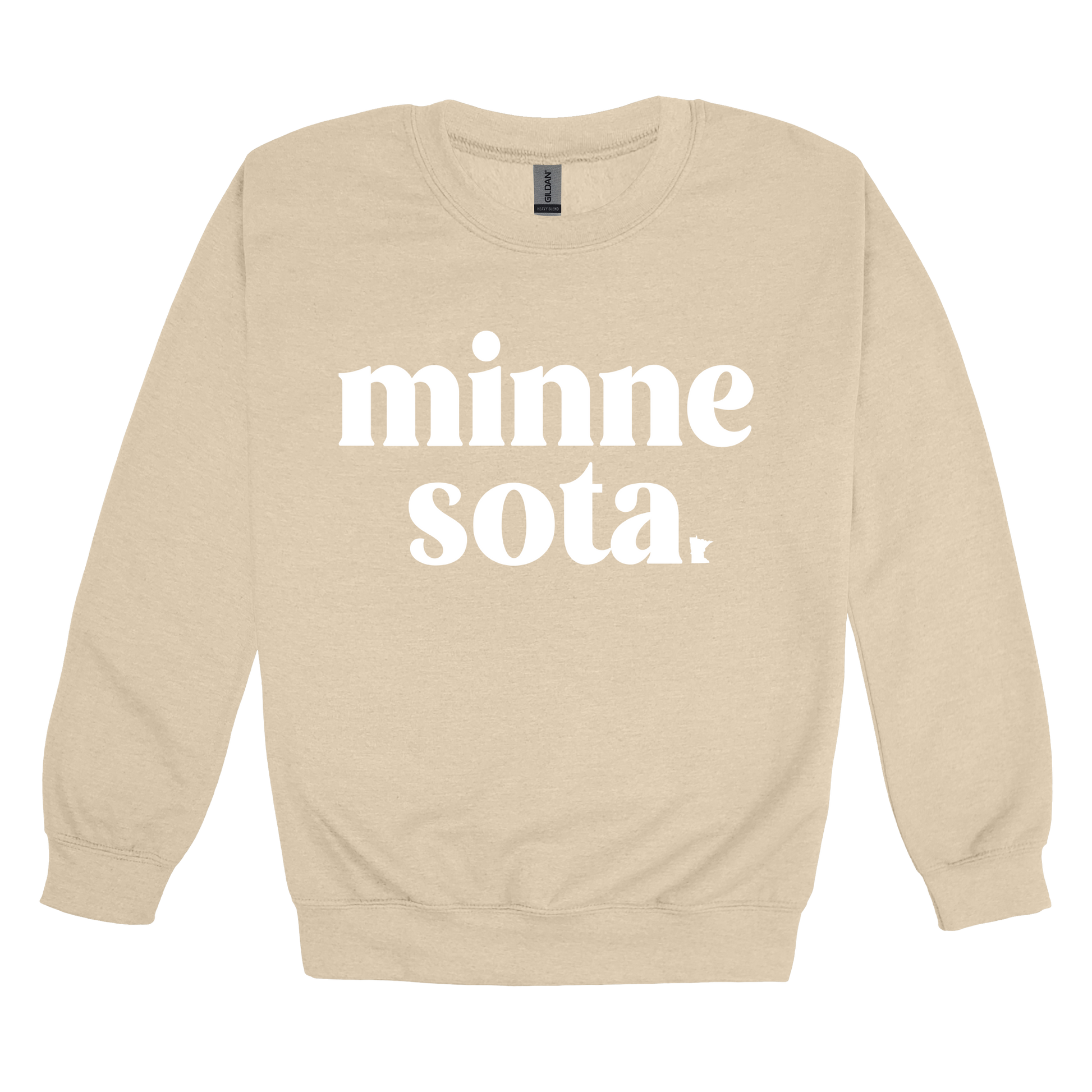 MN design on Sand adult Crewneck, front view.
