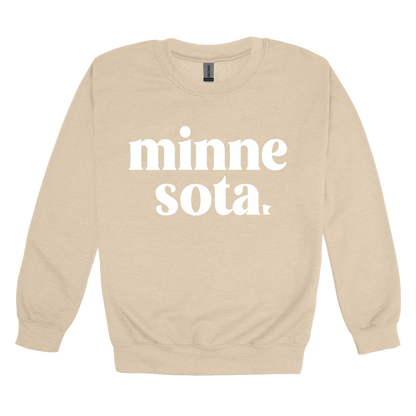 MN design on Sand adult Crewneck, front view.