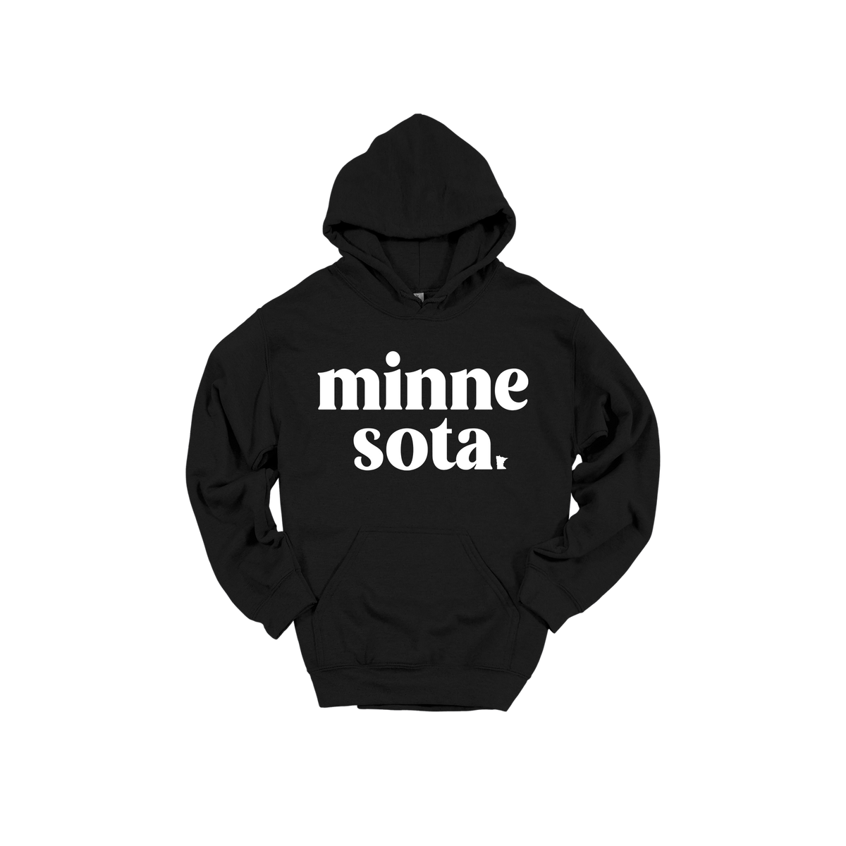 MN design on Black adult Hoodie, front view.