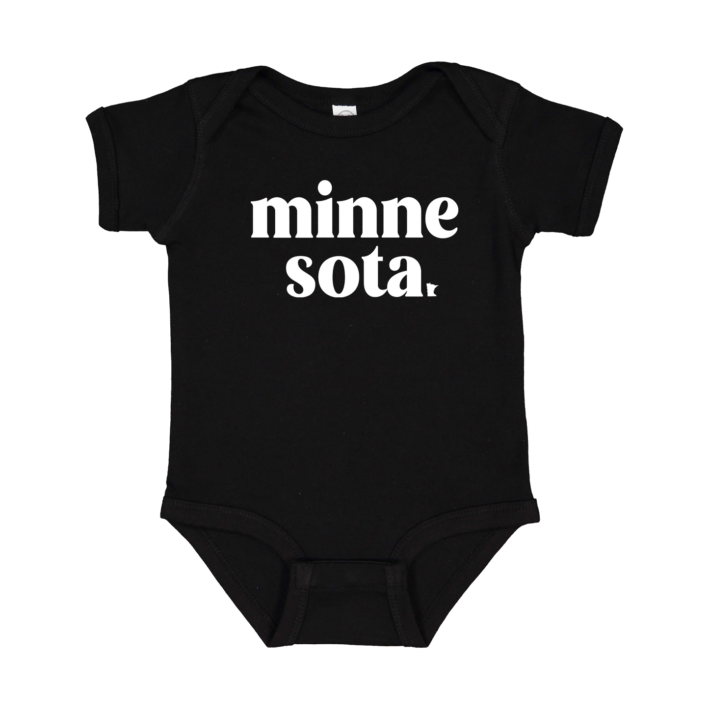 MN design on Black infant Onesie, front view.
