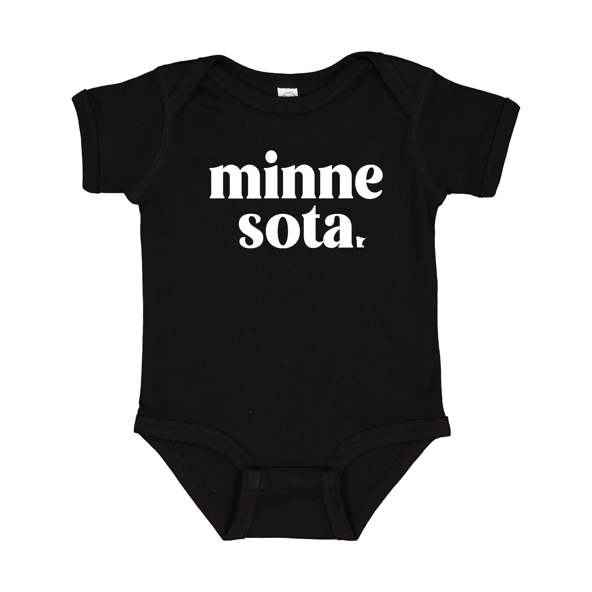 MN design on Black infant Onesie, front view.