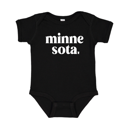 MN design on Black infant Onesie, front view.
