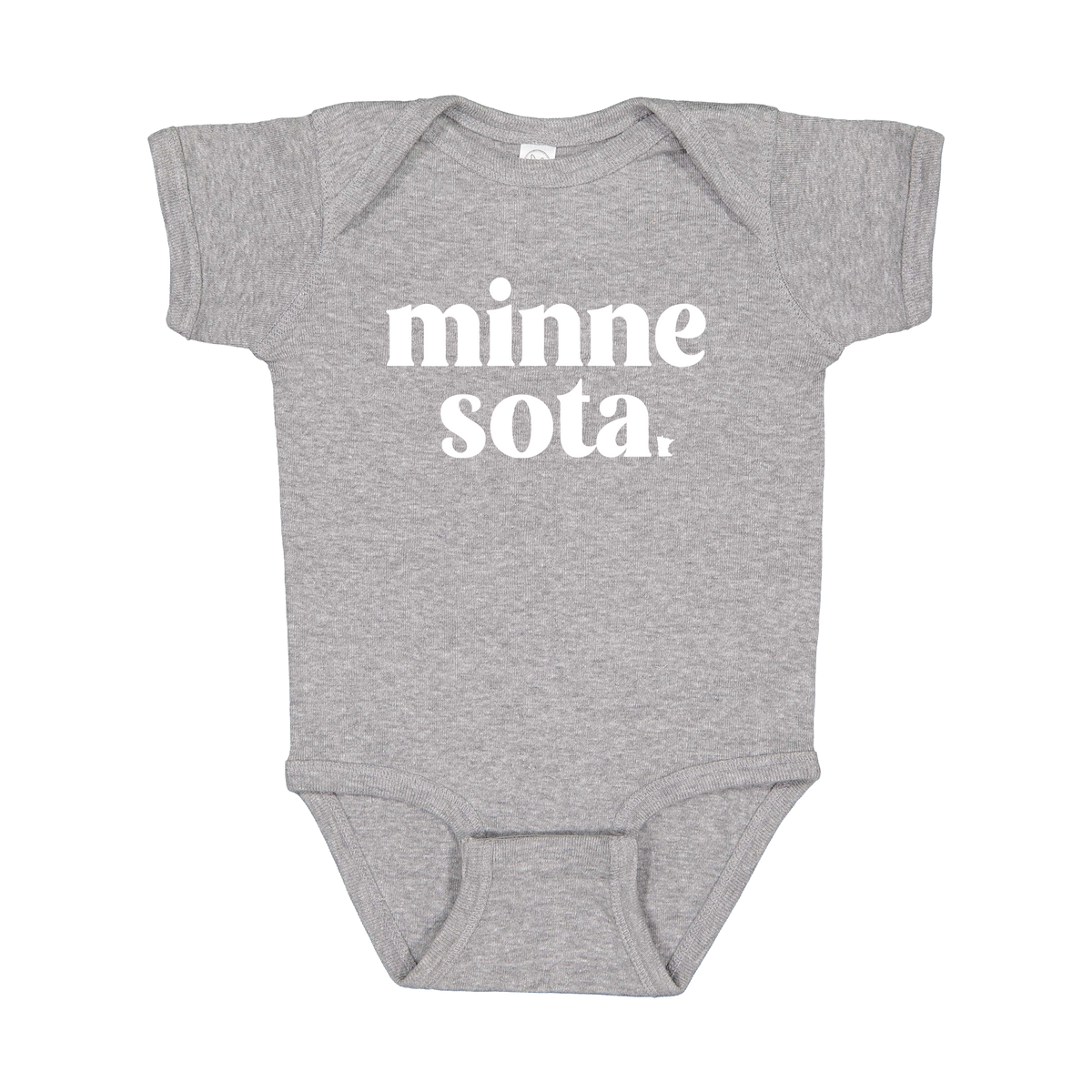 MN design on Heather Athletic Gray infant Onesie, front view.