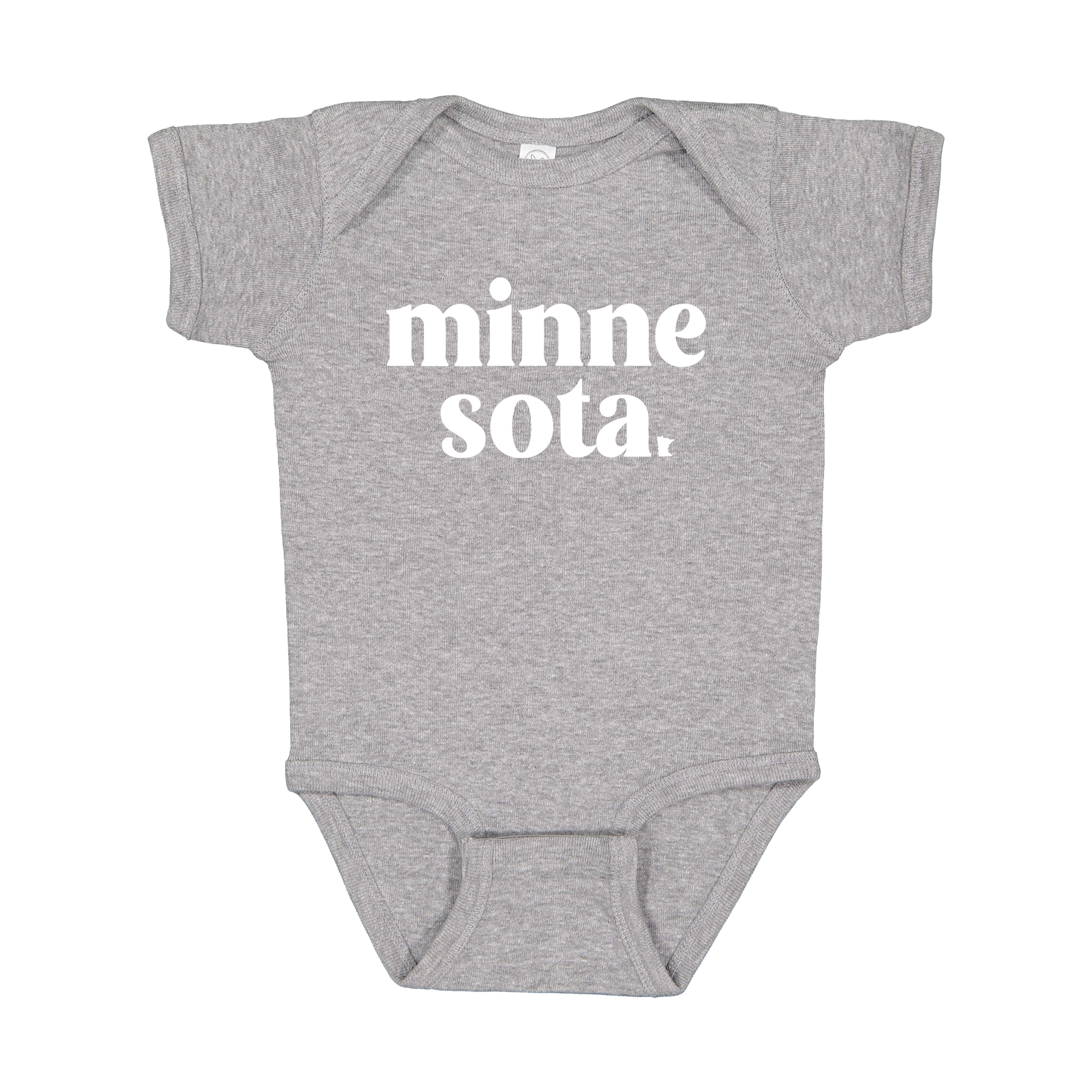MN design on Heather Athletic Gray infant Onesie, front view.