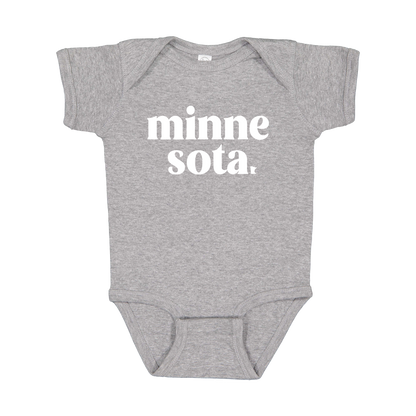 MN design on Heather Athletic Gray infant Onesie, front view.
