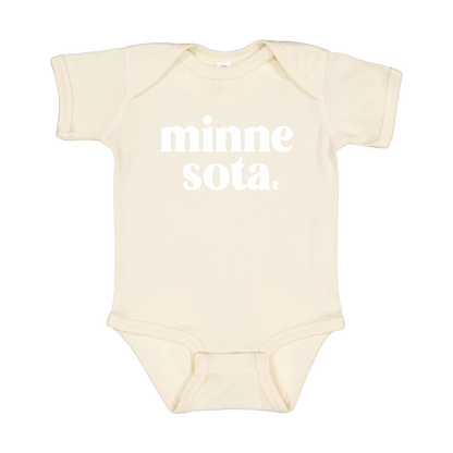 MN design on Natural infant Onesie, front view.